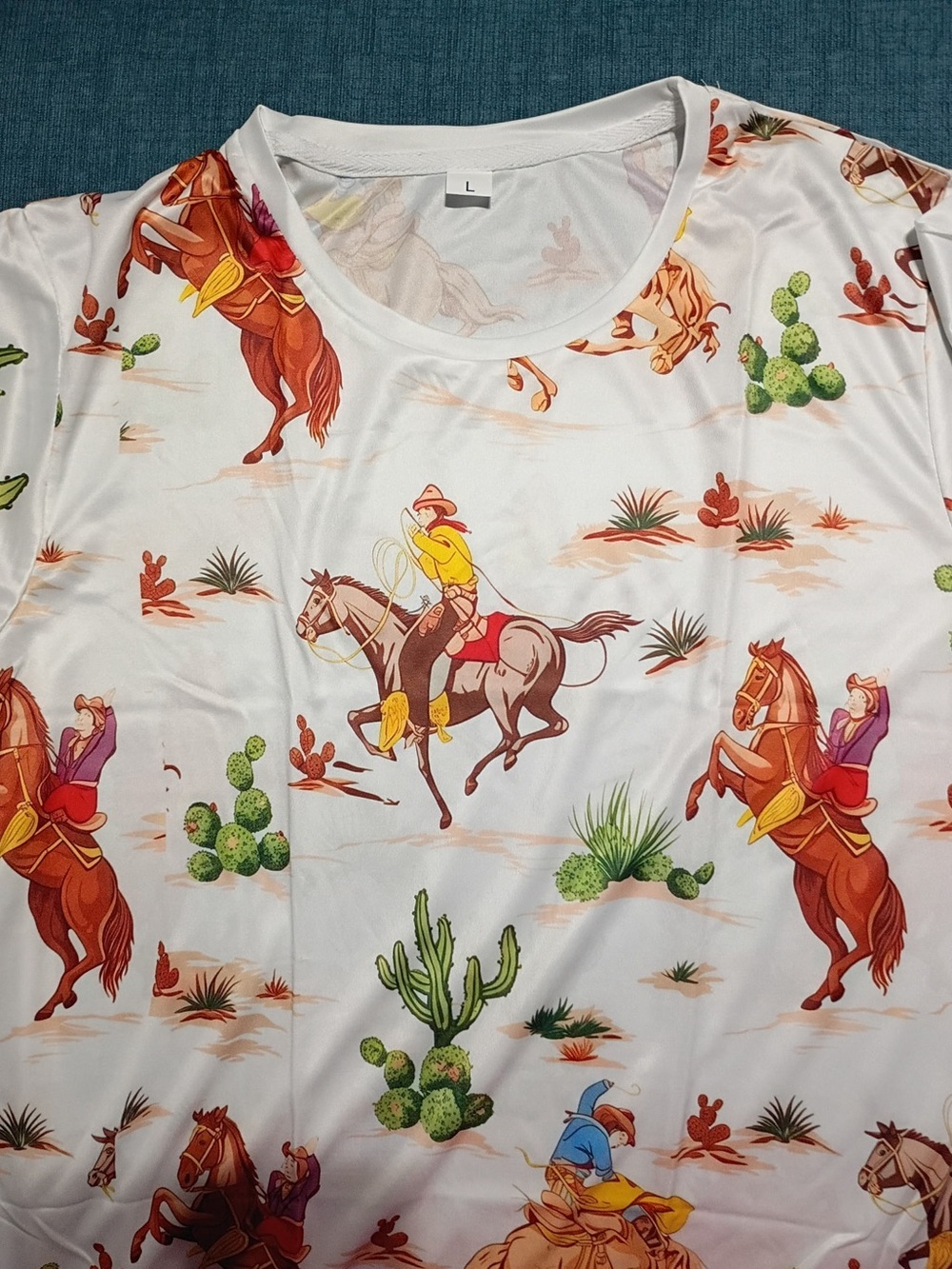 Western Cowboy Print Top - White with Multicolor Rodeo Design